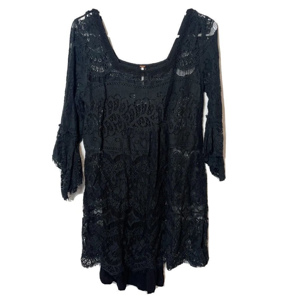 Free People 3/4 Bell Sleeve Sheath Lace Mini Dress Black XS Lined Square Neck